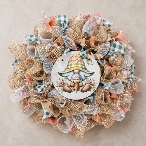 Simply Made Wreaths/Sweet Spring Ice Cream Gnome Wreath/ Farmhouse Front Door Decor/Summer Mesh Wreath