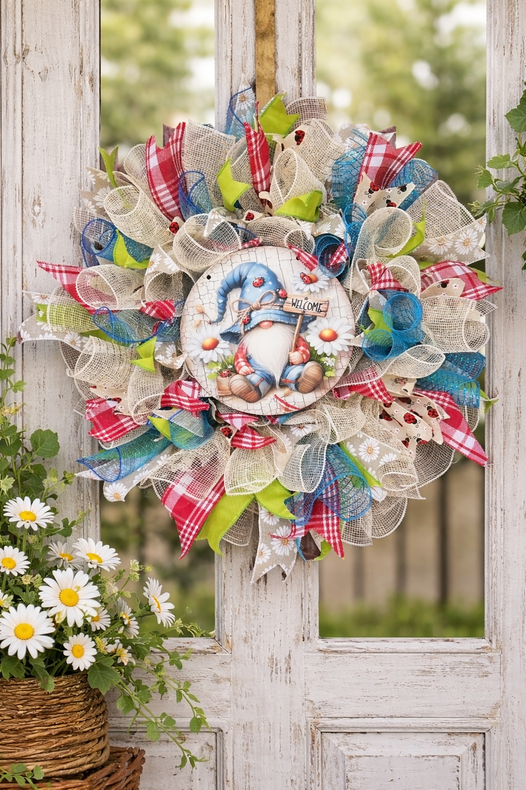 Springtime Garden Gnome Wreath Whimsical, Handcrafted Front Door Accent