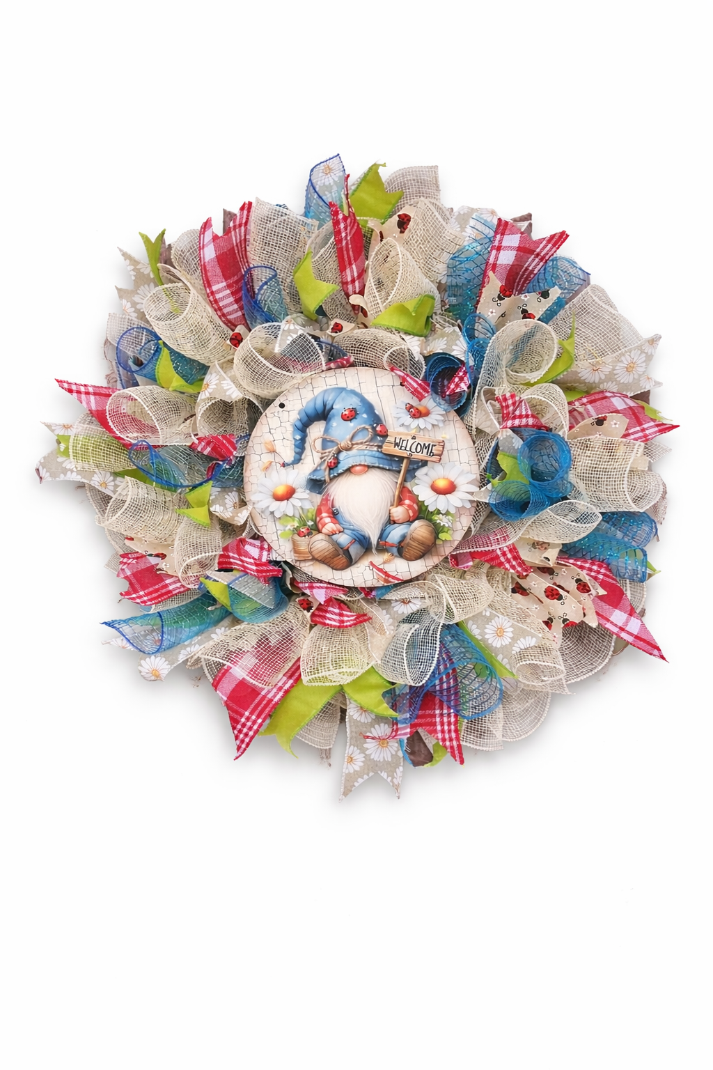 Springtime Garden Gnome Wreath Whimsical, Handcrafted Front Door Accent