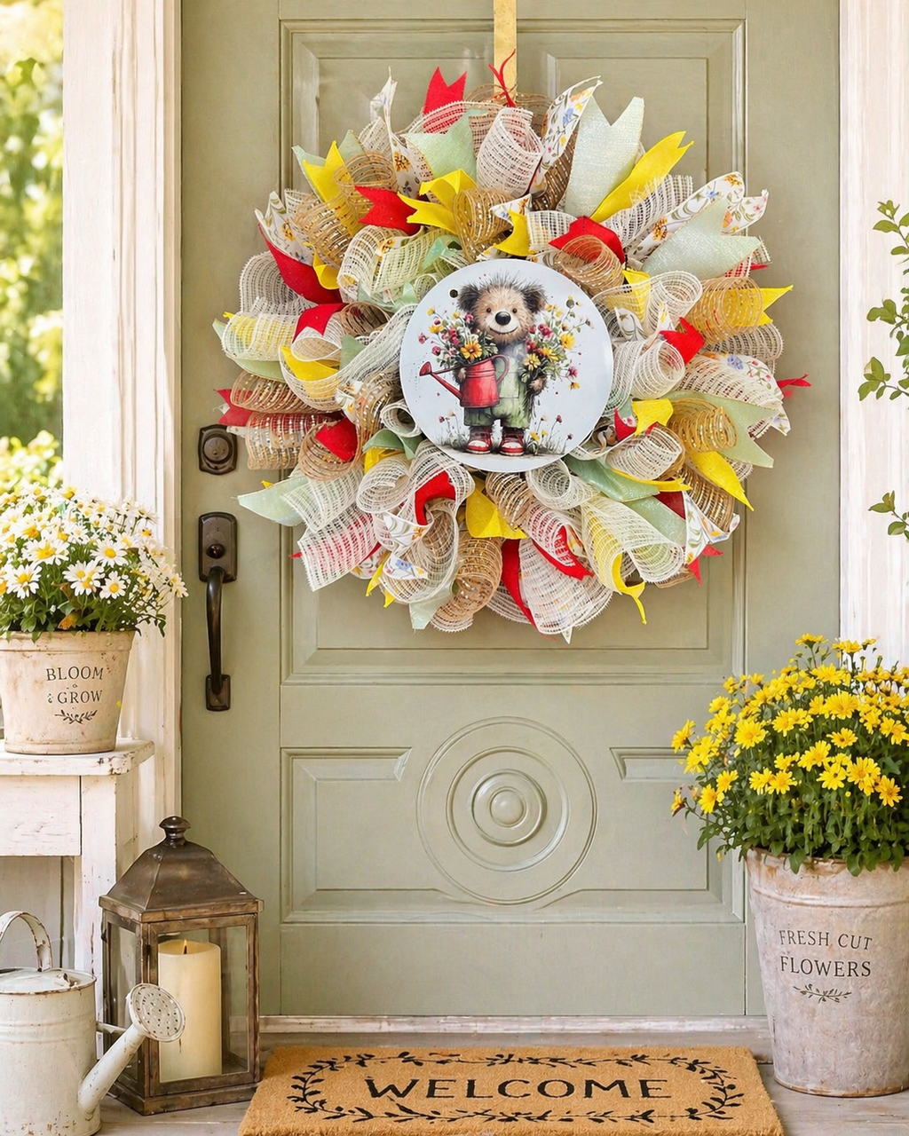 Simply made wreaths/spring hedgehog wreath/floral garden door wreath/bright farmhouse, summer decor