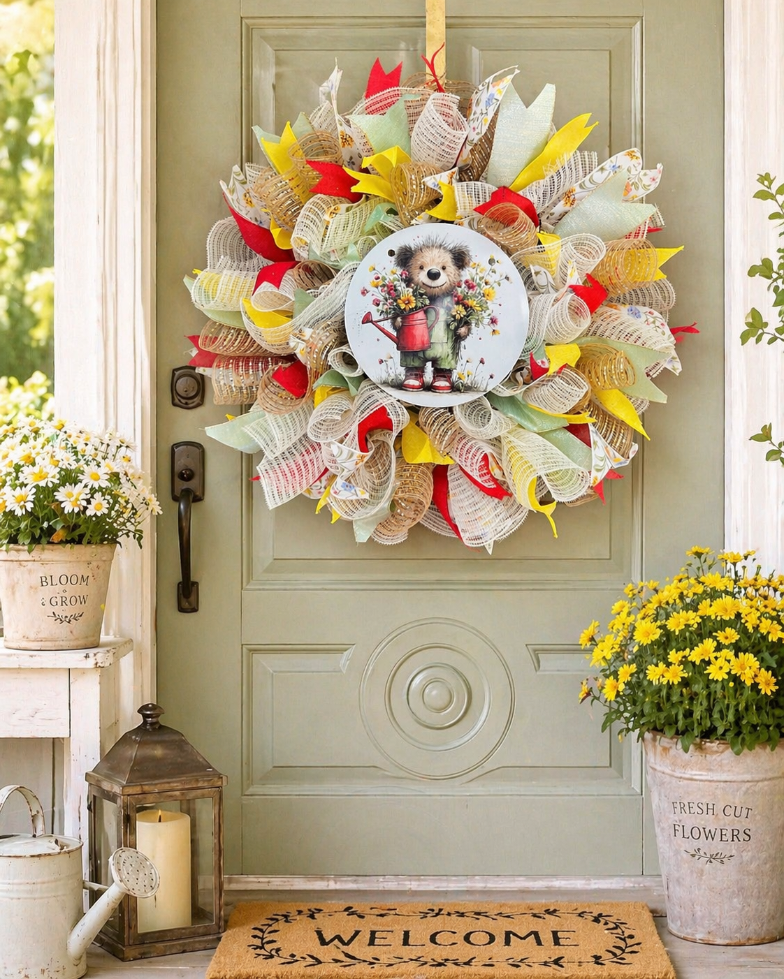 Simply made wreaths/spring hedgehog wreath/floral garden door wreath/bright farmhouse, summer decor