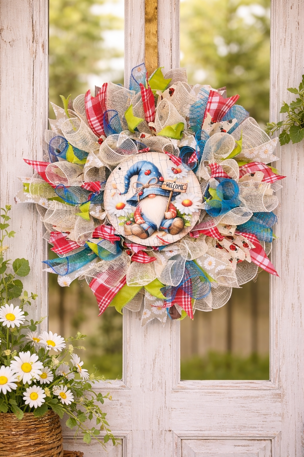 Springtime Garden Gnome Wreath Whimsical, Handcrafted Front Door Accent
