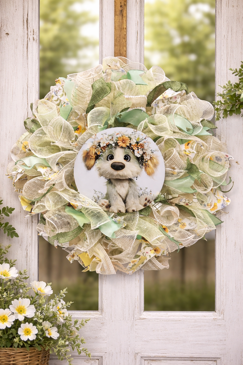 Spring Puppy Wreath Whimsical, Handcrafted Front Door