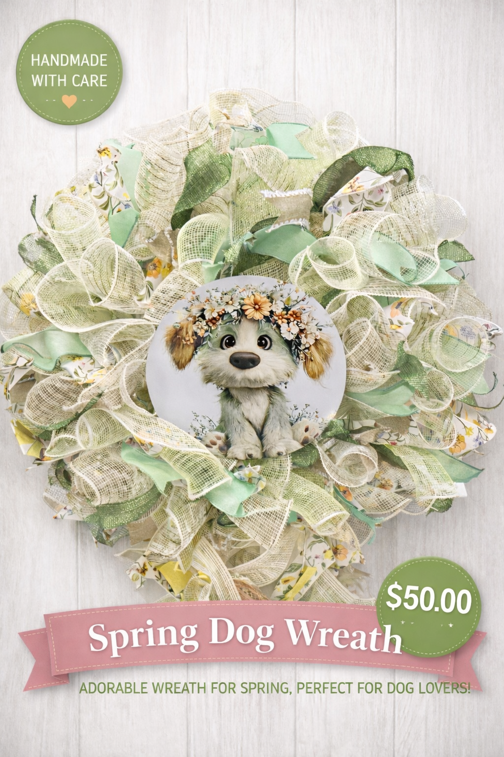 Spring Puppy Wreath Whimsical, Handcrafted Front Door