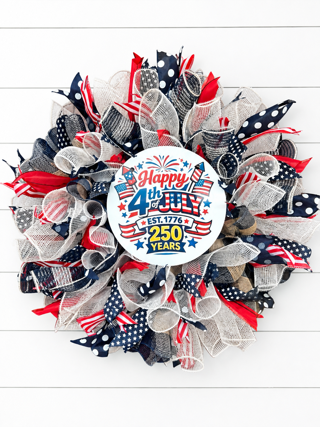 Patriotic 4th of July Wreath – Red, White & Blue Mesh Door Wreath – Americana Front Door Decor – Summer Holiday Wreath