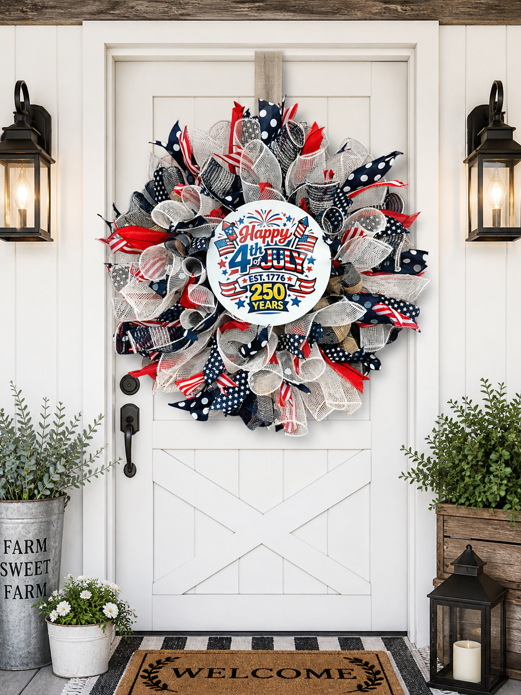 Patriotic 4th of July Wreath – Red, White & Blue Mesh Door Wreath – Americana Front Door Decor – Summer Holiday Wreath