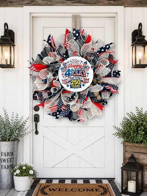 Patriotic 4th of July Wreath – Red, White & Blue Mesh Door Wreath – Americana Front Door Decor – Summer Holiday Wreath