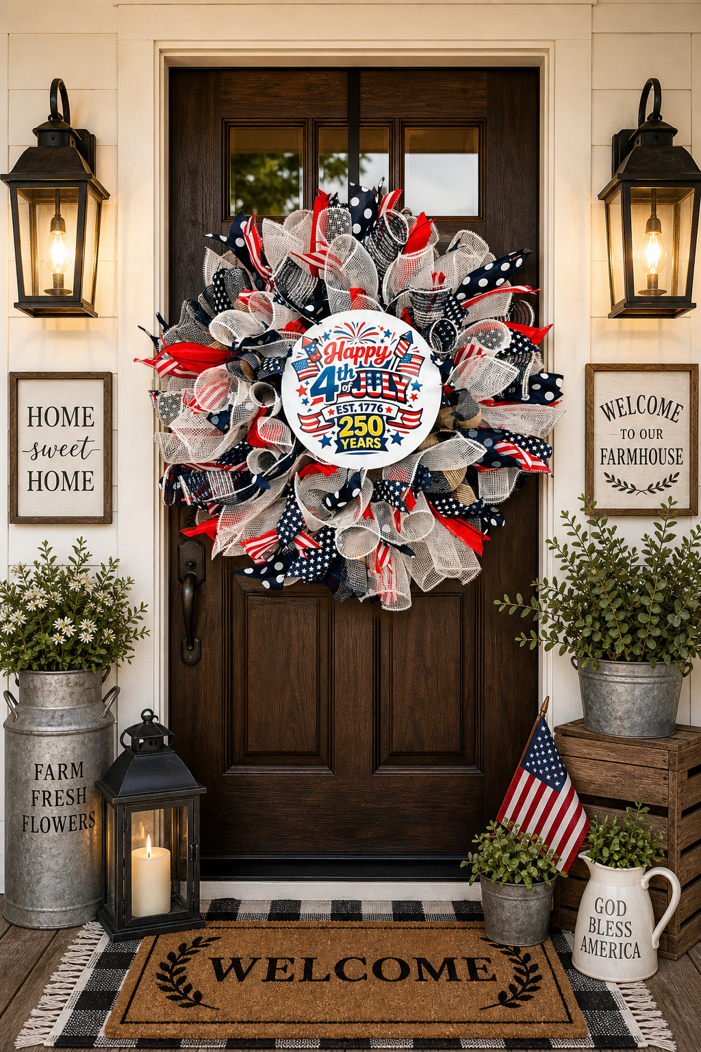 Patriotic 4th of July Wreath – Red, White & Blue Mesh Door Wreath – Americana Front Door Decor – Summer Holiday Wreath
